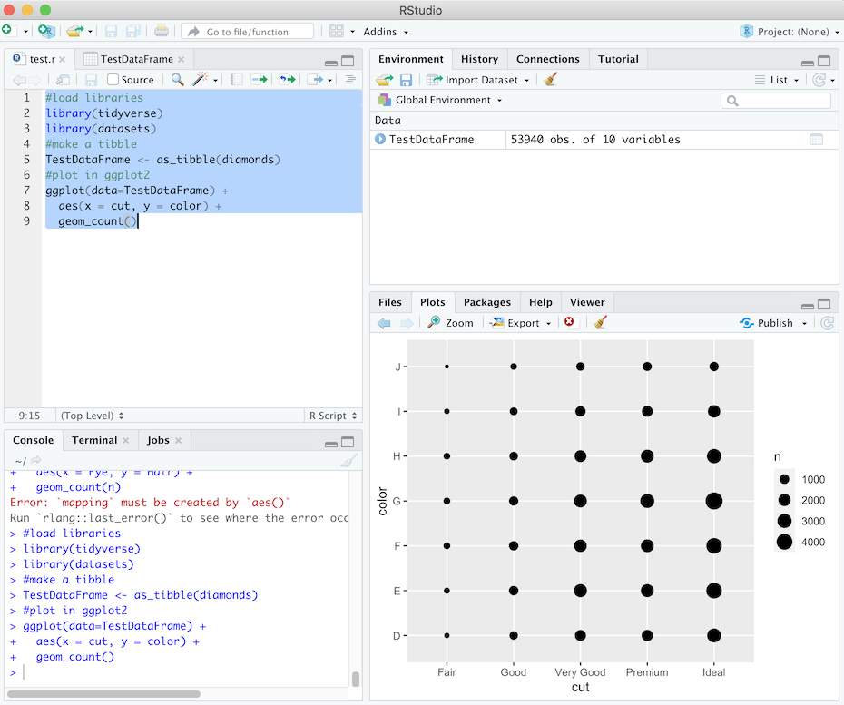 RStudio screen after running test script.