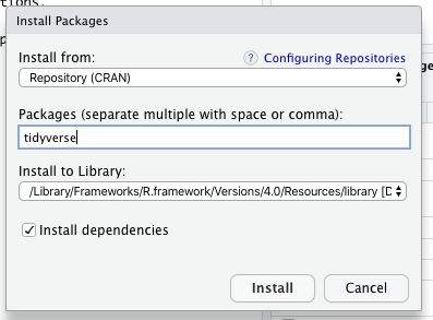 RStudio 'install packages' screen.