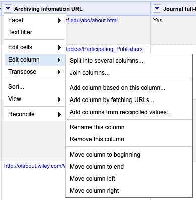 The Edit columns menu