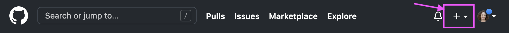 The GitHub website top navigation with the 'add new ...' button. 