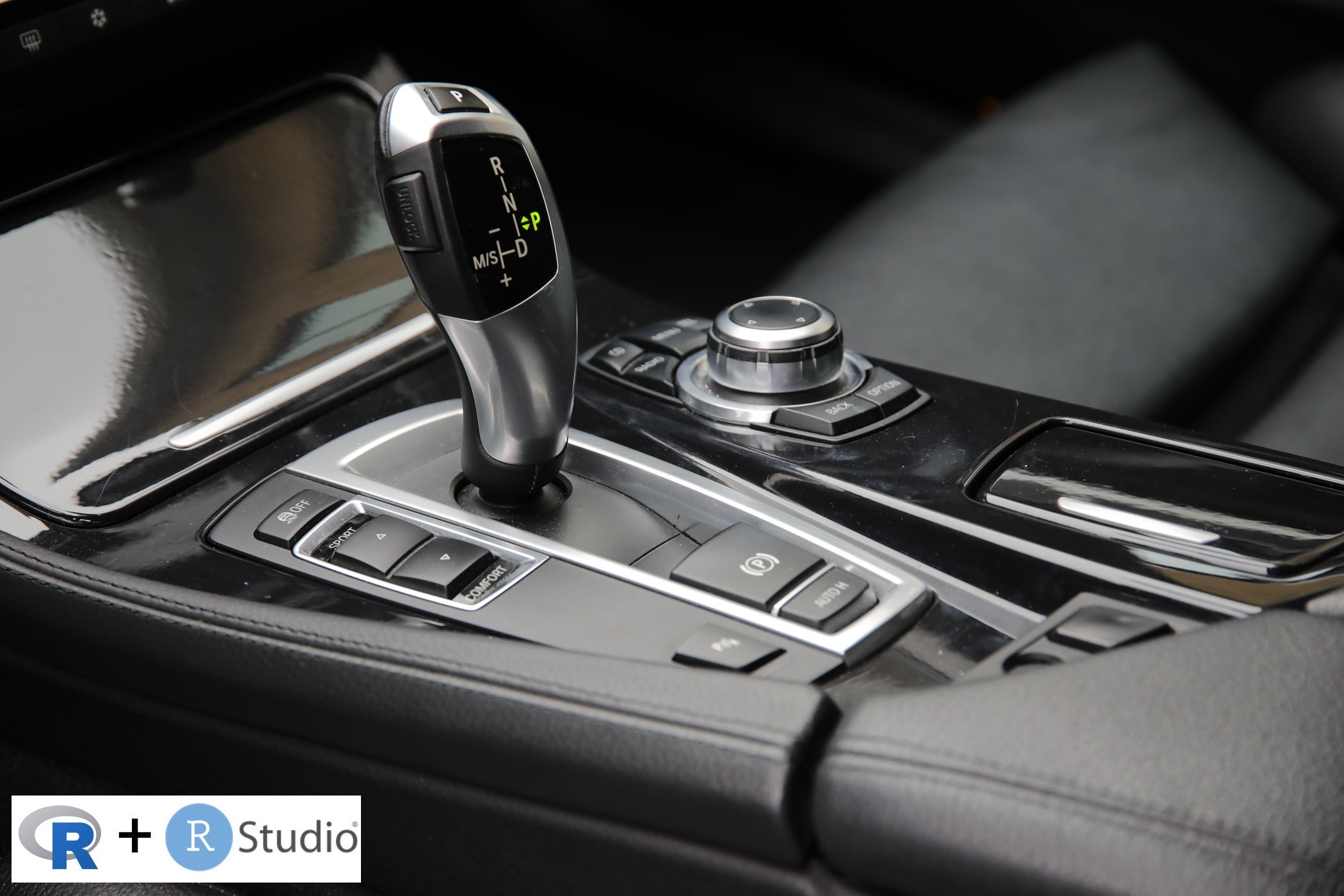 "automatic car gear shift representing the ease of RStudio"