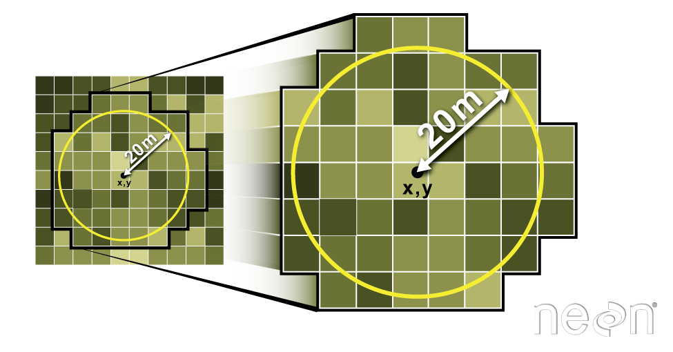 Extract raster information using a buffer region. From: https://www.neonscience.org/sites/default/files/images/spatialData/BufferCircular.png