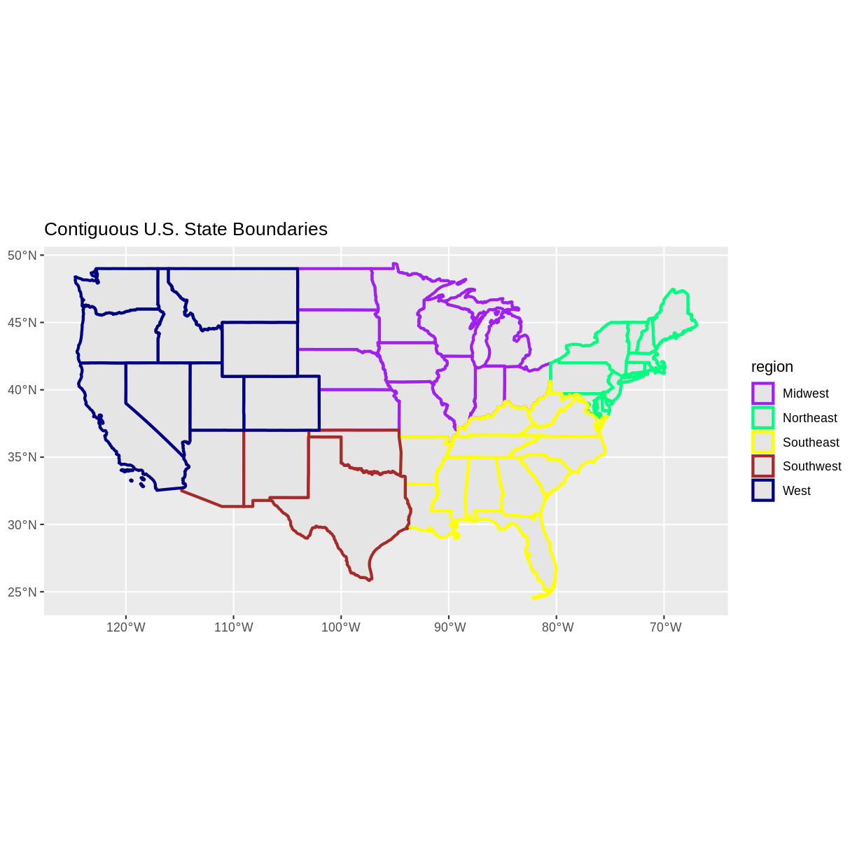 Map of the continental United States where the state lines are colored by region.