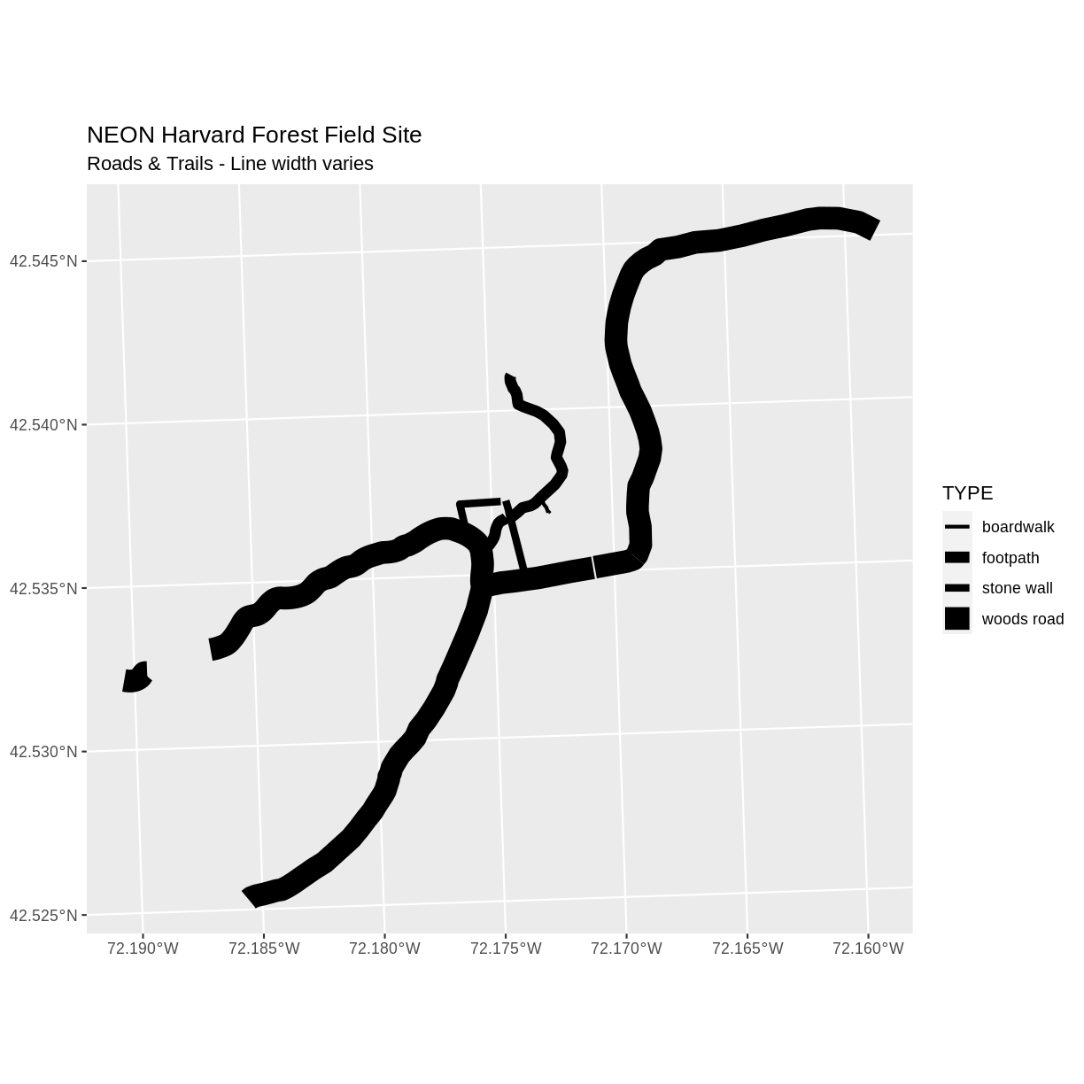 Roads and trails in the area with different line thickness for each type of paths.