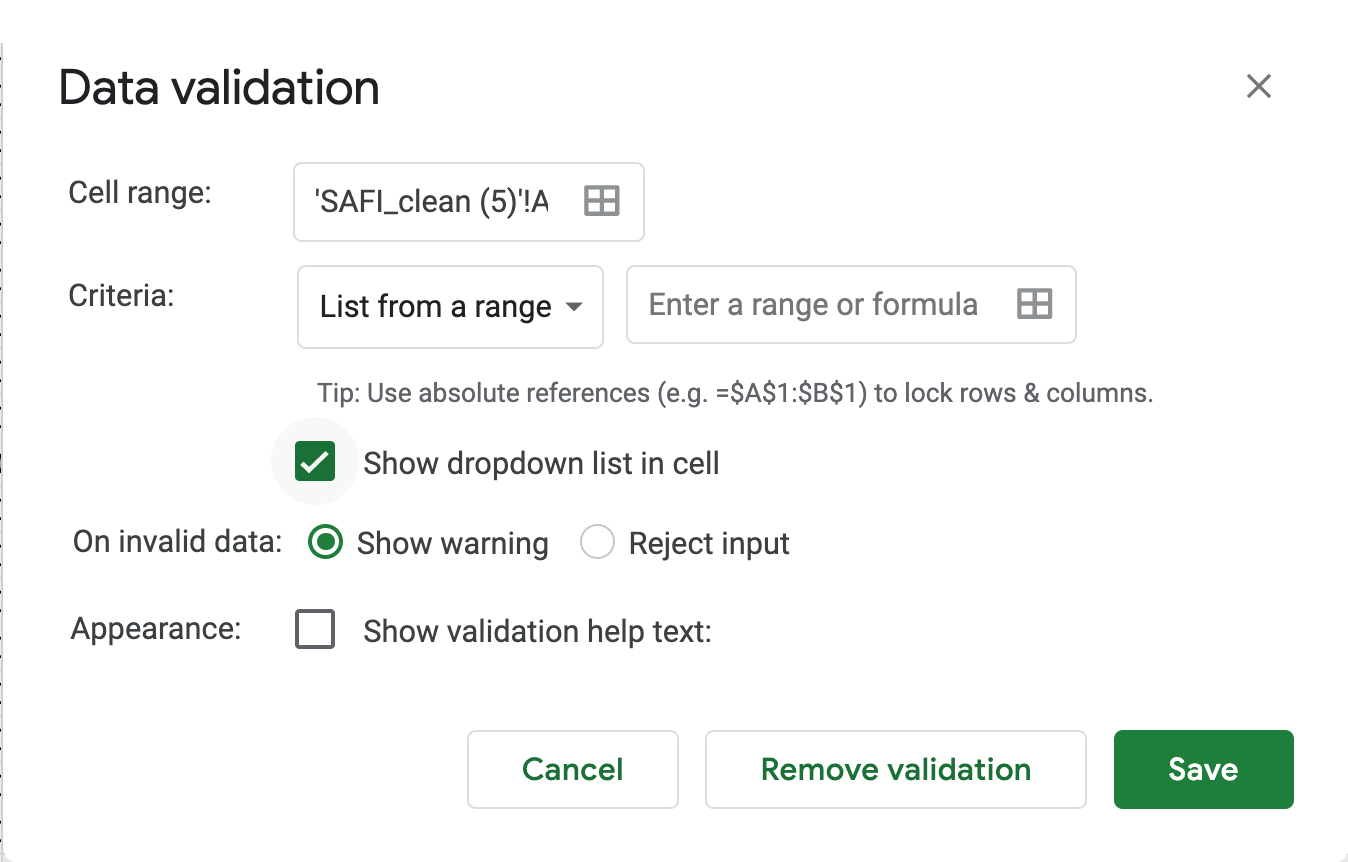 Image of data validation tab in Google Sheets