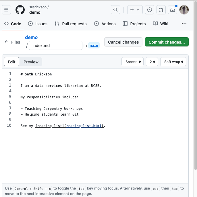 GitHub edit file interface