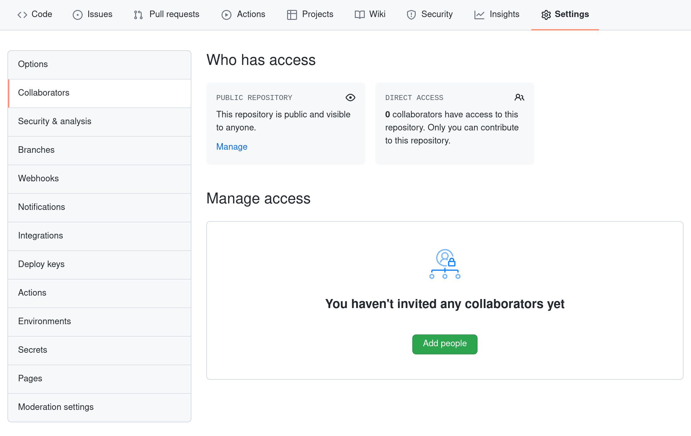 screenshot of repository page with Settings then Collaborators selected, showing how to add Collaborators in a GitHub repository