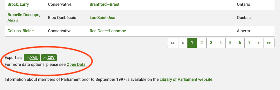 Screenshot of the Parliament of Canada websitei (Bottom)