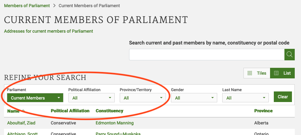 Screenshot of the Parliament of Canada website (Top)