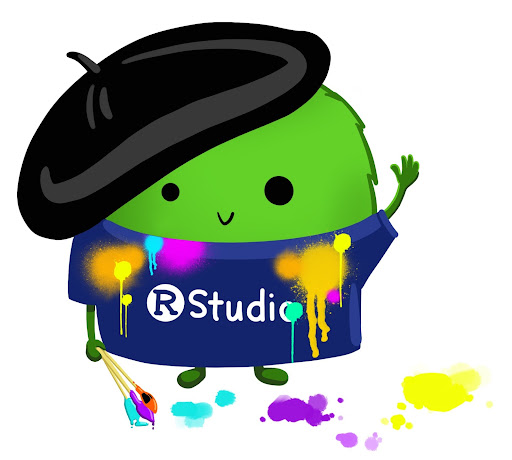 Cute looking cartoon of a paint-covered artist holding paint brushes, and is wearing a shirt labeled RStudio