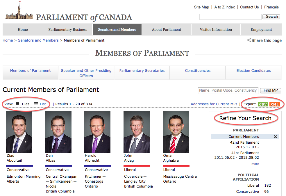 Screenshot of the Parliament of Canada website