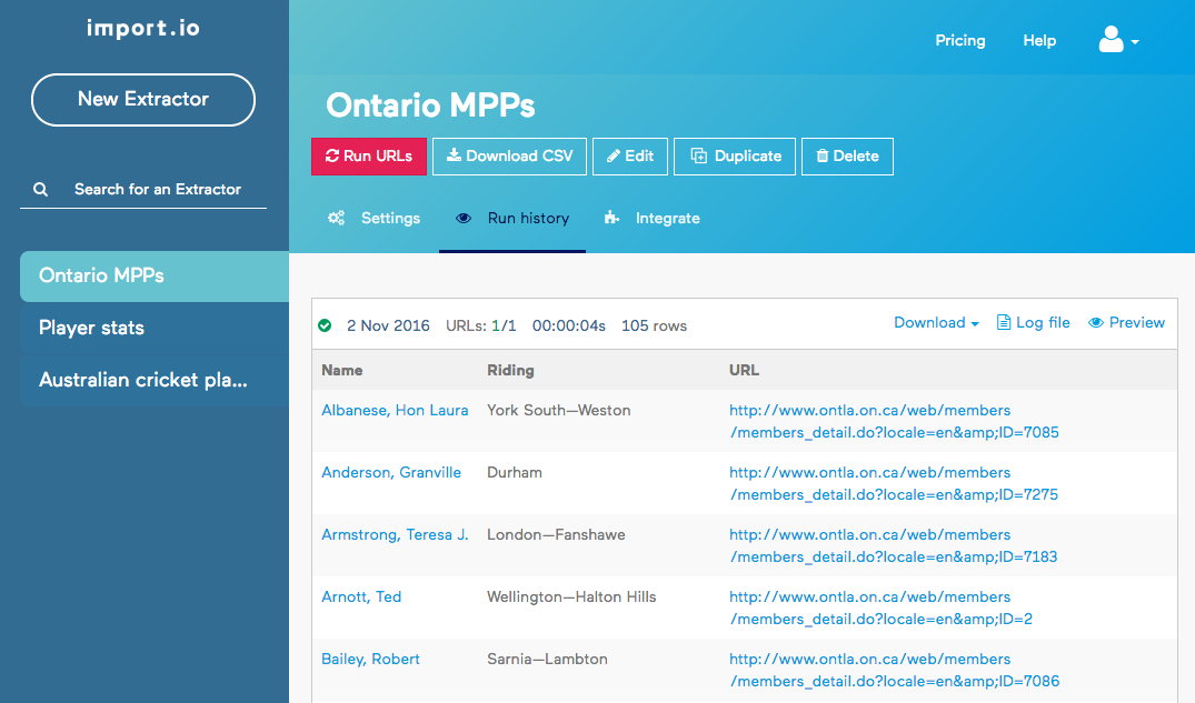 Previewing the results of a scrape on import.io