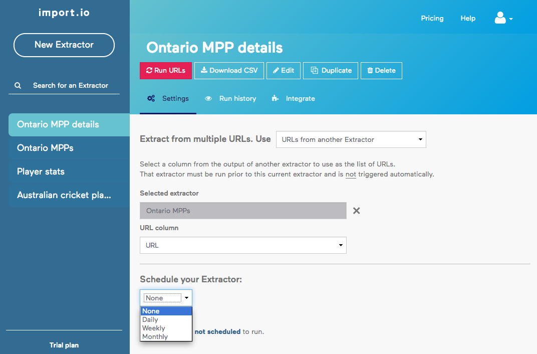 Selecting data to scrape on import.io