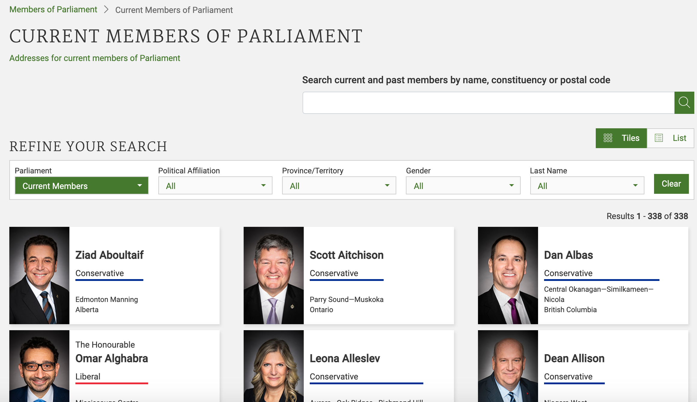 Screenshot of the Parliament of Canada website
