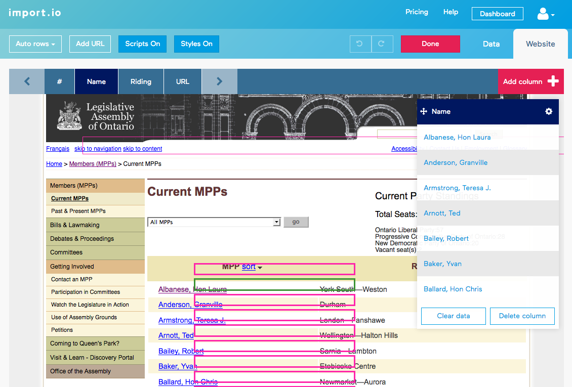 Screenshot of import.io scraping Ontario MPP list