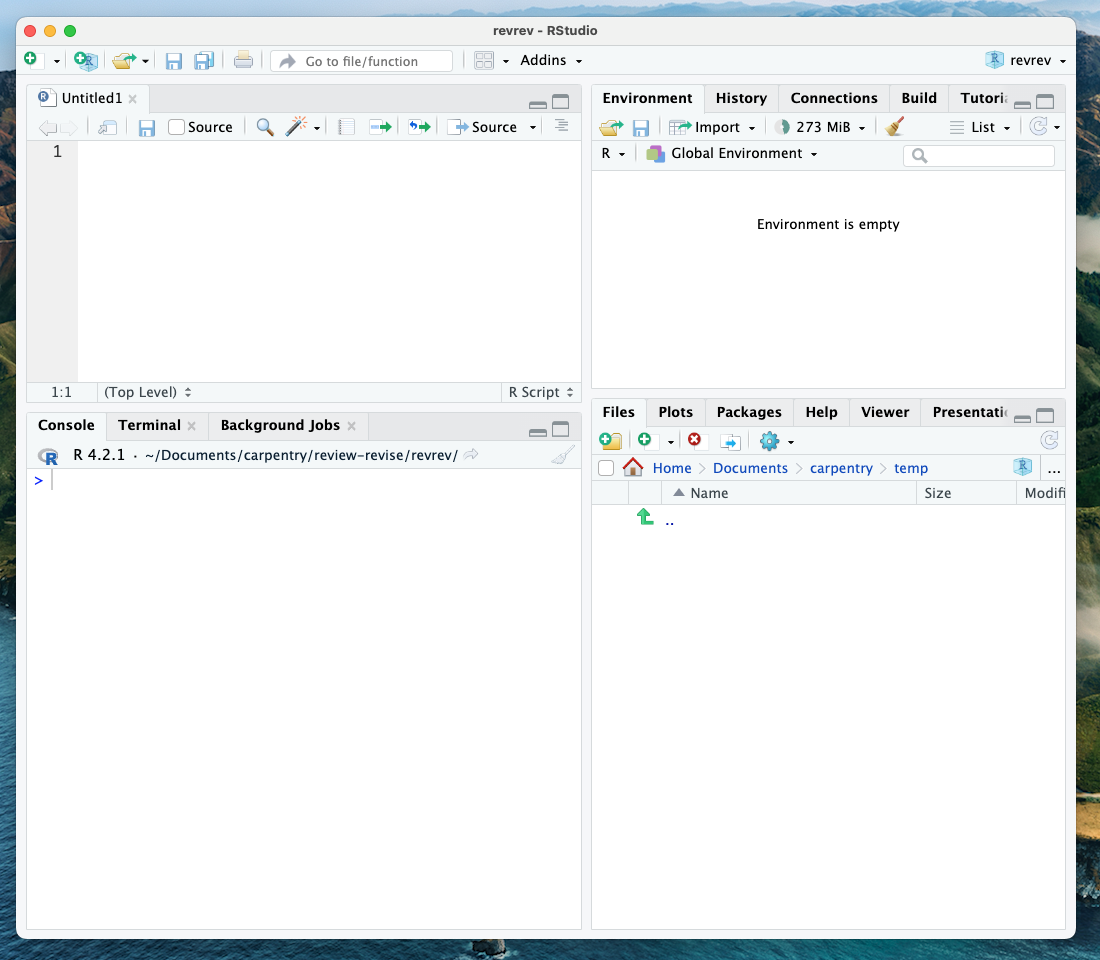 RStudio layout with .R file open