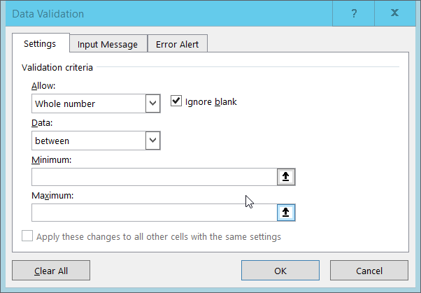 Image of data validation tab for number rules in Excel