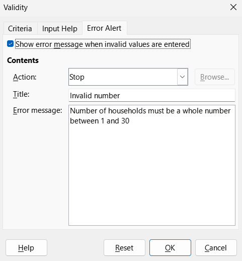 Image of Error Alert tab in LibreOffice