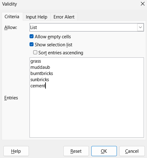 Image of filled in range of values to allow in LibreOffice