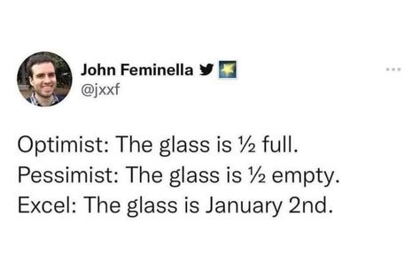 Meme with the text: Optimist: The glass is one-half full, Pessimist: The glass is one-half empyt, Excel: The glass is January 2nd.