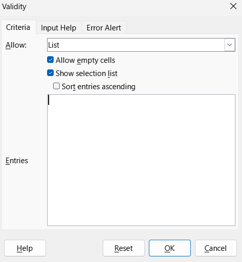 Image of selecting a range of values to allow in LibreOffice