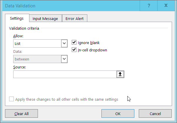 Image of selecting a range of values to allow in Excel