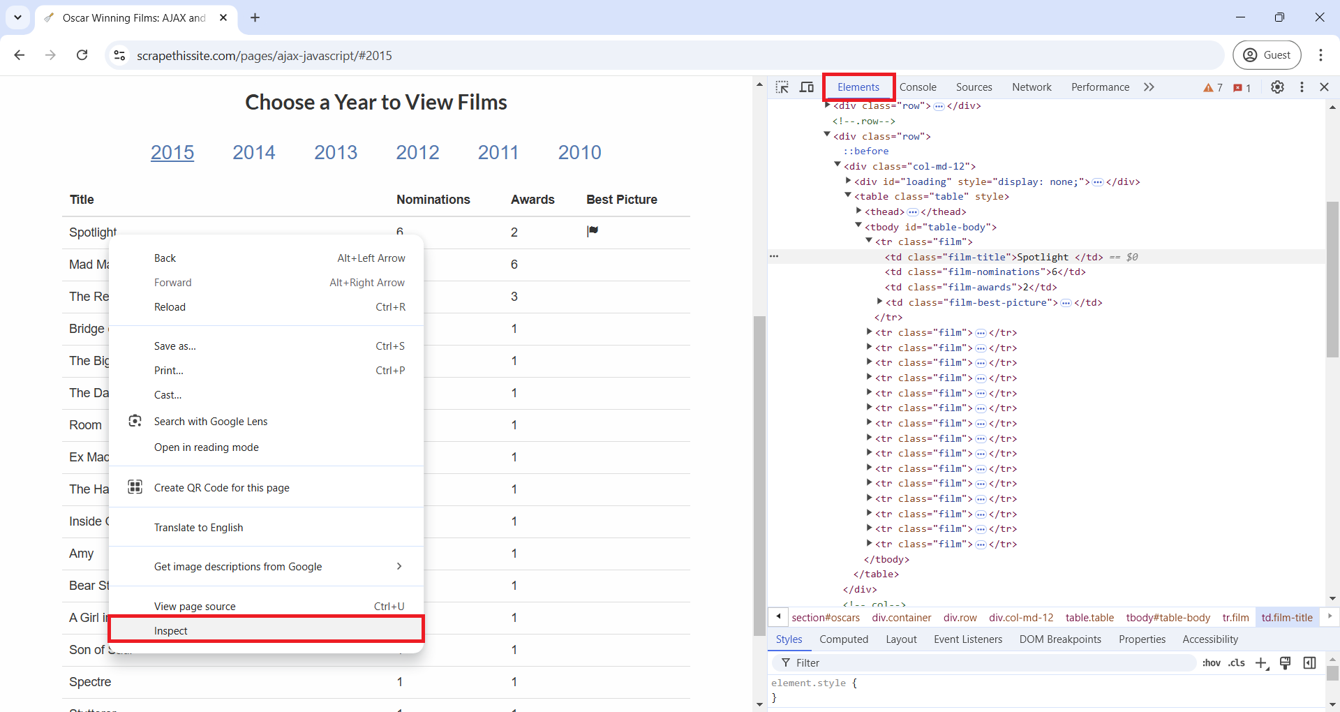 A screenshot of Google Chrome web browser, showing how to use Inspect from the Chrome DevTools