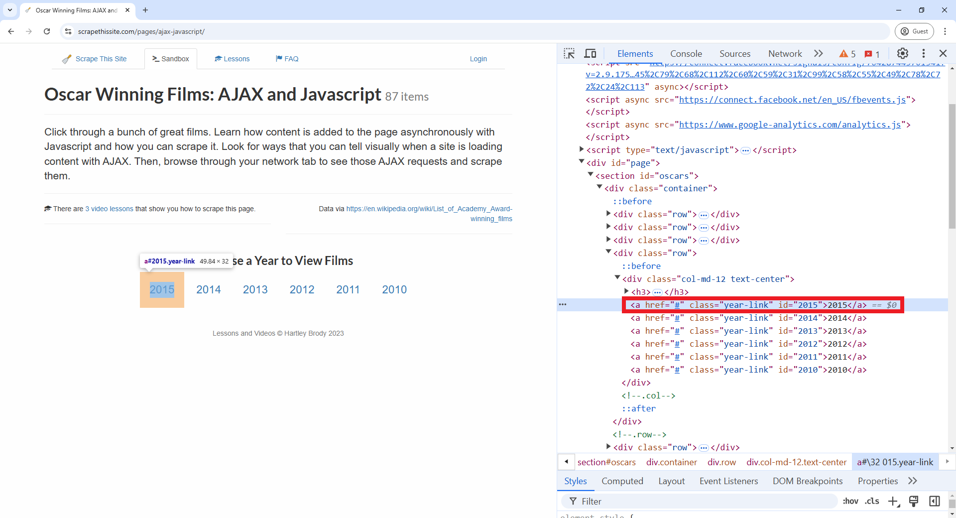 A screenshot of Google Chrome web browser, showing how to search a specific element by using Inspect from the Chrome DevTools