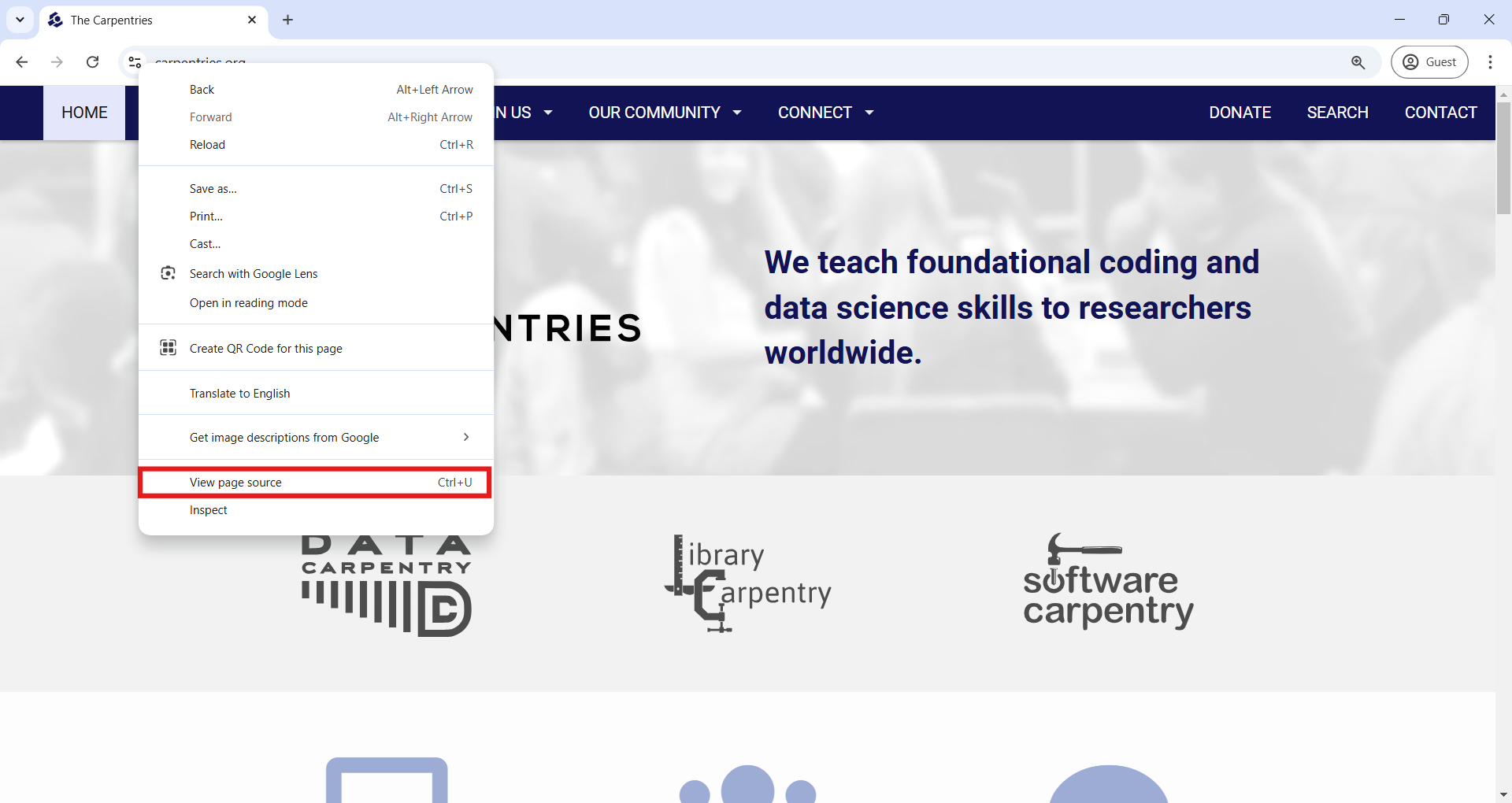 A screenshot of The Carpentries homepage in the Google Chrome web browser, showing how to View page source